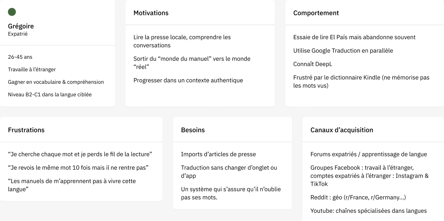 Grégoire, expatrié : lire des contenus authentiques, traduire sans interruption et retenir les mots.