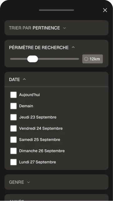 Filtres de zone et de date : rayon de 12 kilomètres et choix du jour de projection.