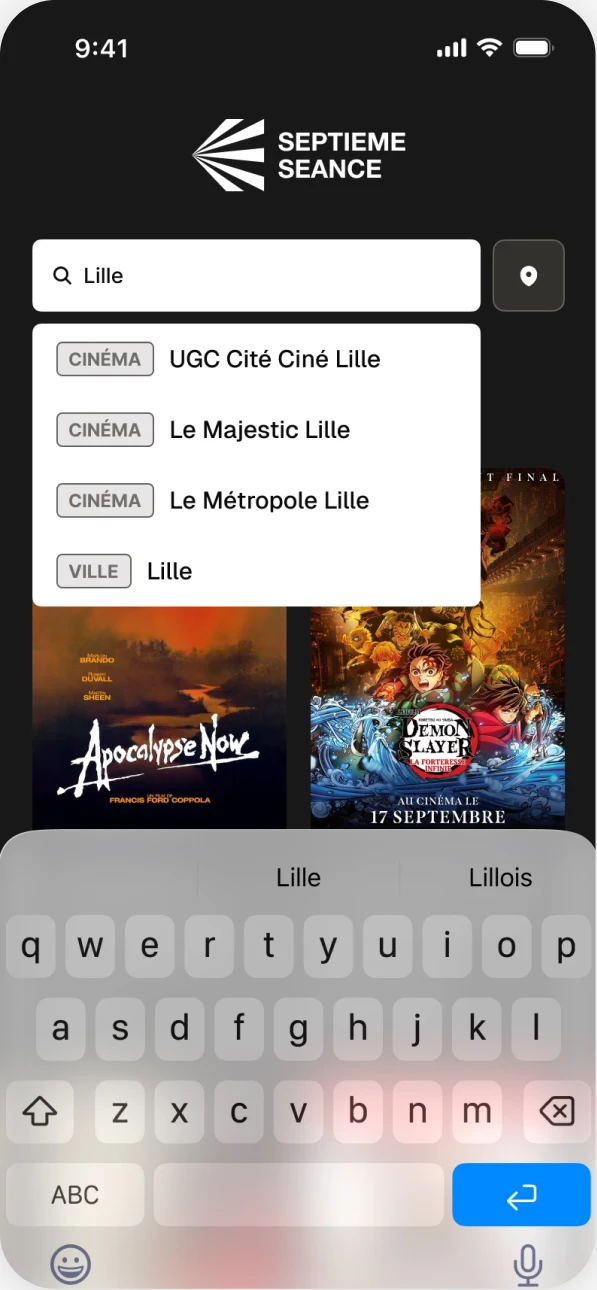 Recherche de Lille avec suggestions de cinémas et de ville, clavier mobile ouvert.